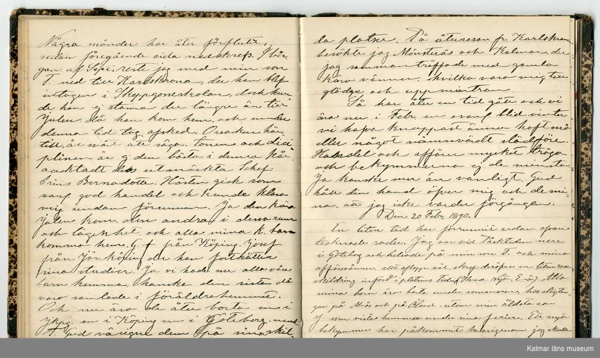 KLM 46431:2. Dagbok. Levnadsteckning. Del 2. Levnadsteckning skriven av garvaren Carl Gustaf Petersson. Nedteckningen började då familjen flyttade från Mönsterås till Eksjö 1884 och fortsatter fram till 1902. Berättelsen omfattar tiden från 1841 då han föddes i Köping, till 1902. Berättelse tar upp vardagliga händelser och bekymmer i en garvares tillvaro. Garveriyrket innebar för hans del att en stor del av tiden var han på resande fot till marknader mm. Han har under en längre tid ekonomiska bekymmer som ökar och blir ohållbart, vilket också leder till att han blir ställd inför rättslig prövning. Han blir dömd till fängelse i två månader för ekonomiska försummelser, fängelsetiden verkställs i Stockholm i fängelset på Långholmen. Även detta beskrivs mycket ingående i dagboken, han avtjänar sitt straff från onsdagen den 14 februari 1894 till lördagen den 14 april 1894.