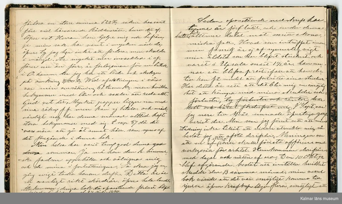 KLM 46431:2. Dagbok. Levnadsteckning. Del 2. Levnadsteckning skriven av garvaren Carl Gustaf Petersson. Nedteckningen började då familjen flyttade från Mönsterås till Eksjö 1884 och fortsatter fram till 1902. Berättelsen omfattar tiden från 1841 då han föddes i Köping, till 1902. Berättelse tar upp vardagliga händelser och bekymmer i en garvares tillvaro. Garveriyrket innebar för hans del att en stor del av tiden var han på resande fot till marknader mm. Han har under en längre tid ekonomiska bekymmer som ökar och blir ohållbart, vilket också leder till att han blir ställd inför rättslig prövning. Han blir dömd till fängelse i två månader för ekonomiska försummelser, fängelsetiden verkställs i Stockholm i fängelset på Långholmen. Även detta beskrivs mycket ingående i dagboken, han avtjänar sitt straff från onsdagen den 14 februari 1894 till lördagen den 14 april 1894.
