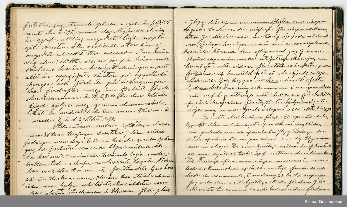 KLM 46431:2. Dagbok. Levnadsteckning. Del 2. Levnadsteckning skriven av garvaren Carl Gustaf Petersson. Nedteckningen började då familjen flyttade från Mönsterås till Eksjö 1884 och fortsatter fram till 1902. Berättelsen omfattar tiden från 1841 då han föddes i Köping, till 1902. Berättelse tar upp vardagliga händelser och bekymmer i en garvares tillvaro. Garveriyrket innebar för hans del att en stor del av tiden var han på resande fot till marknader mm. Han har under en längre tid ekonomiska bekymmer som ökar och blir ohållbart, vilket också leder till att han blir ställd inför rättslig prövning. Han blir dömd till fängelse i två månader för ekonomiska försummelser, fängelsetiden verkställs i Stockholm i fängelset på Långholmen. Även detta beskrivs mycket ingående i dagboken, han avtjänar sitt straff från onsdagen den 14 februari 1894 till lördagen den 14 april 1894.