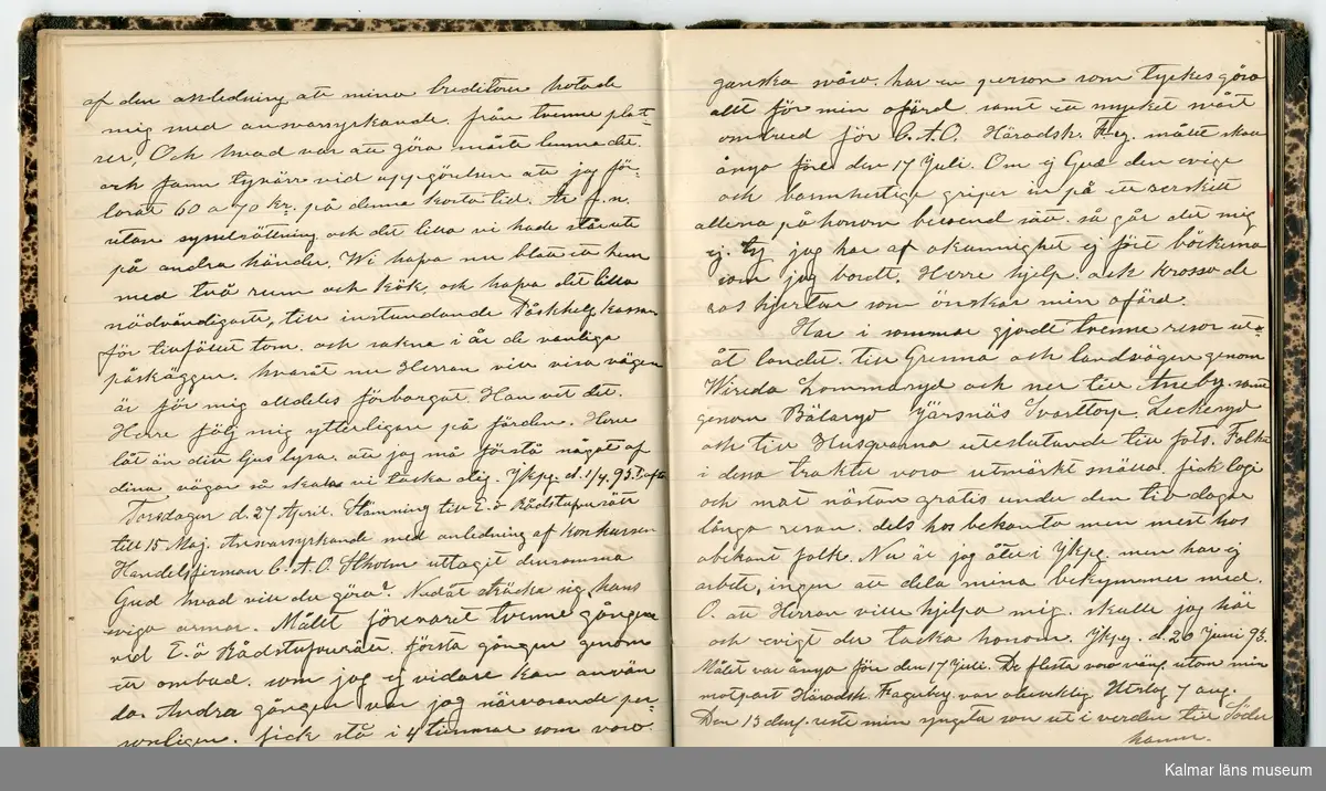 KLM 46431:2. Dagbok. Levnadsteckning. Del 2. Levnadsteckning skriven av garvaren Carl Gustaf Petersson. Nedteckningen började då familjen flyttade från Mönsterås till Eksjö 1884 och fortsatter fram till 1902. Berättelsen omfattar tiden från 1841 då han föddes i Köping, till 1902. Berättelse tar upp vardagliga händelser och bekymmer i en garvares tillvaro. Garveriyrket innebar för hans del att en stor del av tiden var han på resande fot till marknader mm. Han har under en längre tid ekonomiska bekymmer som ökar och blir ohållbart, vilket också leder till att han blir ställd inför rättslig prövning. Han blir dömd till fängelse i två månader för ekonomiska försummelser, fängelsetiden verkställs i Stockholm i fängelset på Långholmen. Även detta beskrivs mycket ingående i dagboken, han avtjänar sitt straff från onsdagen den 14 februari 1894 till lördagen den 14 april 1894.