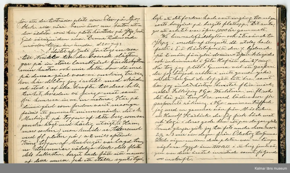 KLM 46431:2. Dagbok. Levnadsteckning. Del 2. Levnadsteckning skriven av garvaren Carl Gustaf Petersson. Nedteckningen började då familjen flyttade från Mönsterås till Eksjö 1884 och fortsatter fram till 1902. Berättelsen omfattar tiden från 1841 då han föddes i Köping, till 1902. Berättelse tar upp vardagliga händelser och bekymmer i en garvares tillvaro. Garveriyrket innebar för hans del att en stor del av tiden var han på resande fot till marknader mm. Han har under en längre tid ekonomiska bekymmer som ökar och blir ohållbart, vilket också leder till att han blir ställd inför rättslig prövning. Han blir dömd till fängelse i två månader för ekonomiska försummelser, fängelsetiden verkställs i Stockholm i fängelset på Långholmen. Även detta beskrivs mycket ingående i dagboken, han avtjänar sitt straff från onsdagen den 14 februari 1894 till lördagen den 14 april 1894.