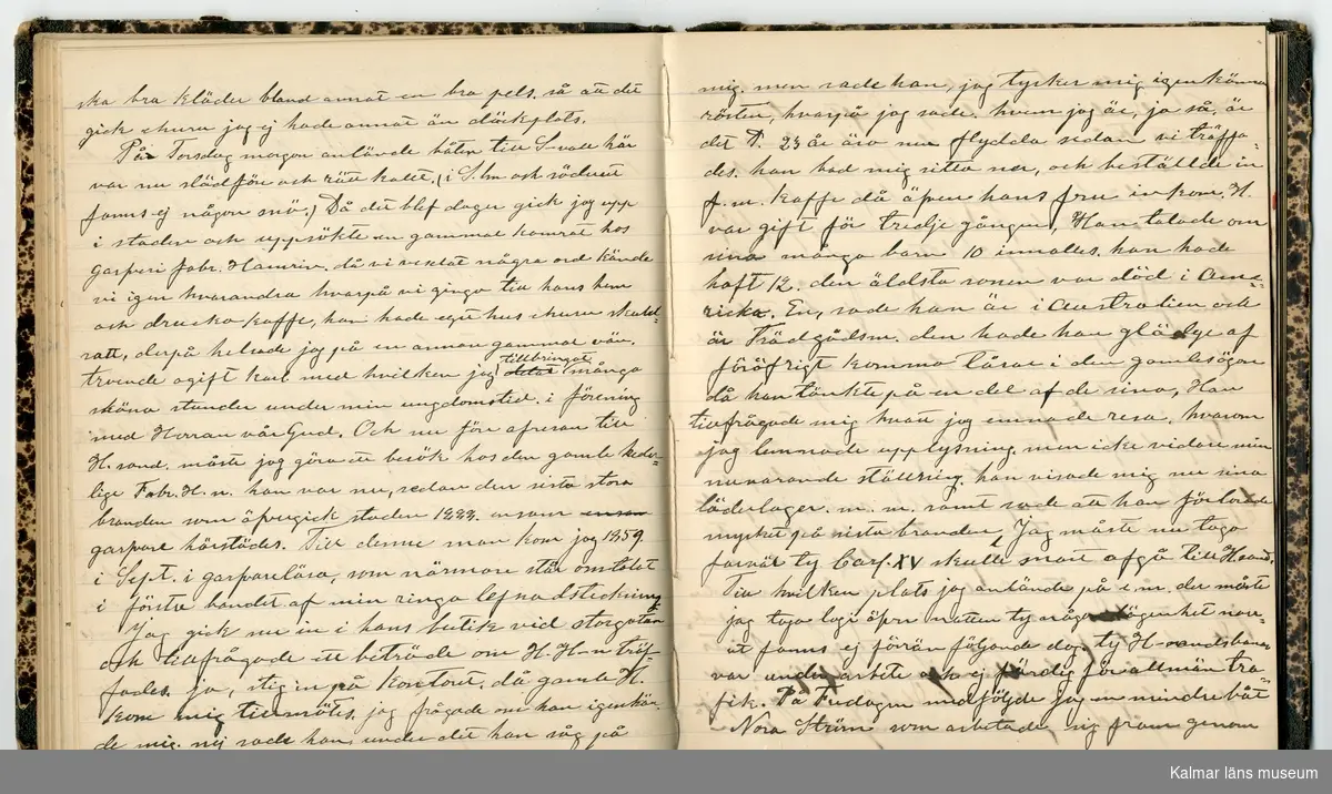 KLM 46431:2. Dagbok. Levnadsteckning. Del 2. Levnadsteckning skriven av garvaren Carl Gustaf Petersson. Nedteckningen började då familjen flyttade från Mönsterås till Eksjö 1884 och fortsatter fram till 1902. Berättelsen omfattar tiden från 1841 då han föddes i Köping, till 1902. Berättelse tar upp vardagliga händelser och bekymmer i en garvares tillvaro. Garveriyrket innebar för hans del att en stor del av tiden var han på resande fot till marknader mm. Han har under en längre tid ekonomiska bekymmer som ökar och blir ohållbart, vilket också leder till att han blir ställd inför rättslig prövning. Han blir dömd till fängelse i två månader för ekonomiska försummelser, fängelsetiden verkställs i Stockholm i fängelset på Långholmen. Även detta beskrivs mycket ingående i dagboken, han avtjänar sitt straff från onsdagen den 14 februari 1894 till lördagen den 14 april 1894.