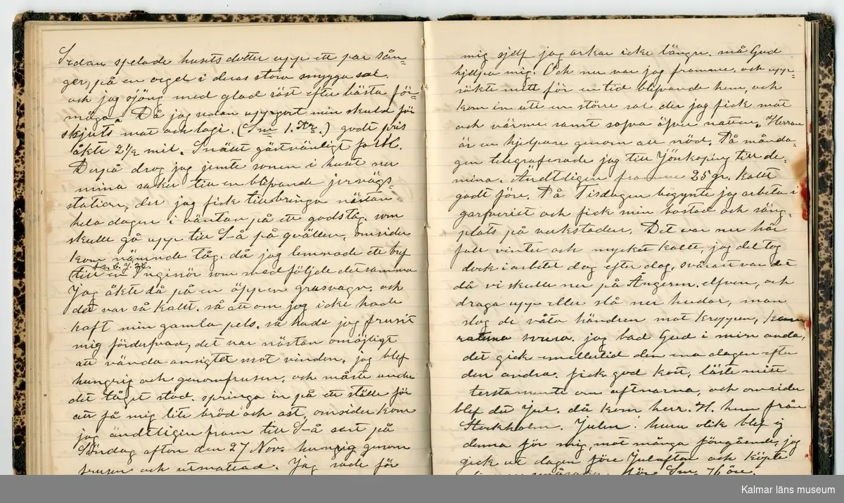 KLM 46431:2. Dagbok. Levnadsteckning. Del 2. Levnadsteckning skriven av garvaren Carl Gustaf Petersson. Nedteckningen började då familjen flyttade från Mönsterås till Eksjö 1884 och fortsatter fram till 1902. Berättelsen omfattar tiden från 1841 då han föddes i Köping, till 1902. Berättelse tar upp vardagliga händelser och bekymmer i en garvares tillvaro. Garveriyrket innebar för hans del att en stor del av tiden var han på resande fot till marknader mm. Han har under en längre tid ekonomiska bekymmer som ökar och blir ohållbart, vilket också leder till att han blir ställd inför rättslig prövning. Han blir dömd till fängelse i två månader för ekonomiska försummelser, fängelsetiden verkställs i Stockholm i fängelset på Långholmen. Även detta beskrivs mycket ingående i dagboken, han avtjänar sitt straff från onsdagen den 14 februari 1894 till lördagen den 14 april 1894.