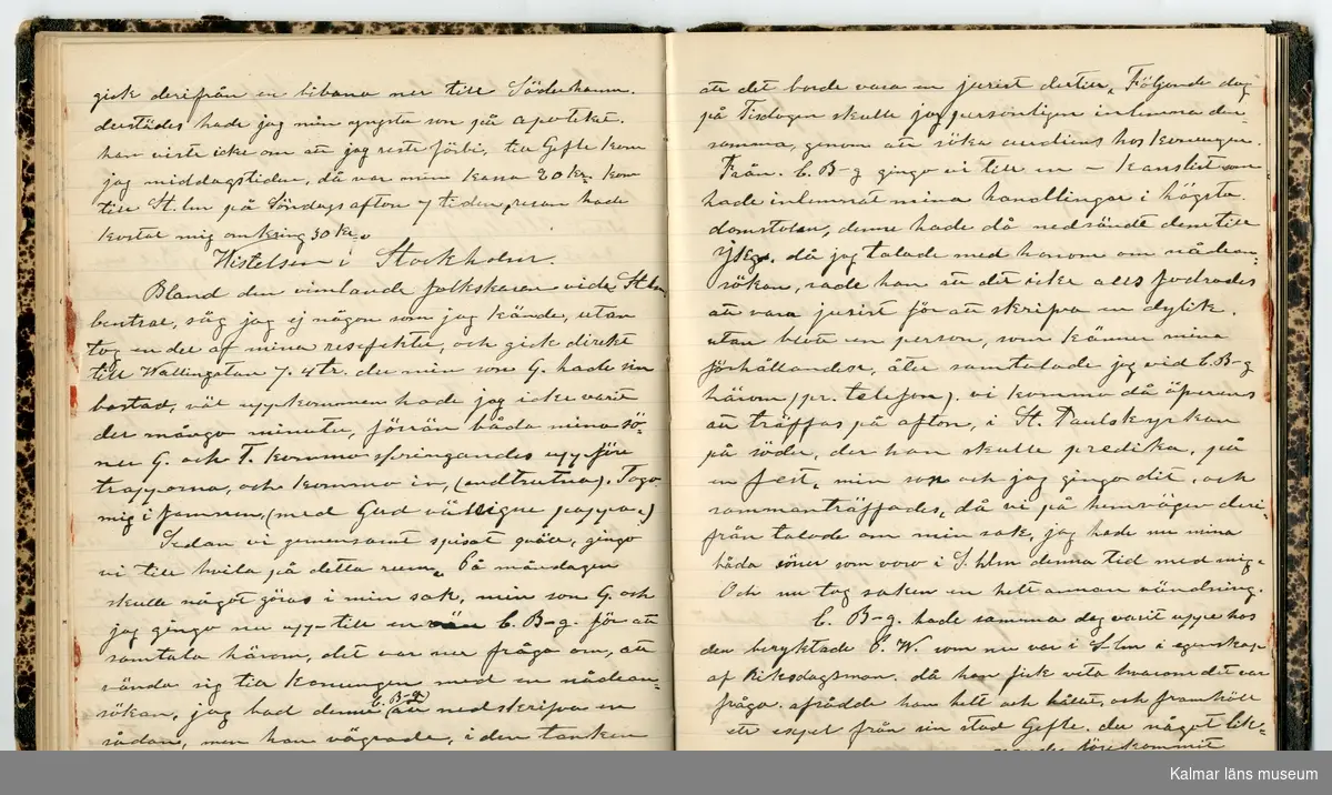 KLM 46431:2. Dagbok. Levnadsteckning. Del 2. Levnadsteckning skriven av garvaren Carl Gustaf Petersson. Nedteckningen började då familjen flyttade från Mönsterås till Eksjö 1884 och fortsatter fram till 1902. Berättelsen omfattar tiden från 1841 då han föddes i Köping, till 1902. Berättelse tar upp vardagliga händelser och bekymmer i en garvares tillvaro. Garveriyrket innebar för hans del att en stor del av tiden var han på resande fot till marknader mm. Han har under en längre tid ekonomiska bekymmer som ökar och blir ohållbart, vilket också leder till att han blir ställd inför rättslig prövning. Han blir dömd till fängelse i två månader för ekonomiska försummelser, fängelsetiden verkställs i Stockholm i fängelset på Långholmen. Även detta beskrivs mycket ingående i dagboken, han avtjänar sitt straff från onsdagen den 14 februari 1894 till lördagen den 14 april 1894.