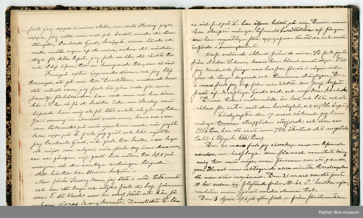 KLM 46431:2. Dagbok. Levnadsteckning. Del 2. Levnadsteckning skriven av garvaren Carl Gustaf Petersson. Nedteckningen började då familjen flyttade från Mönsterås till Eksjö 1884 och fortsatter fram till 1902. Berättelsen omfattar tiden från 1841 då han föddes i Köping, till 1902. Berättelse tar upp vardagliga händelser och bekymmer i en garvares tillvaro. Garveriyrket innebar för hans del att en stor del av tiden var han på resande fot till marknader mm. Han har under en längre tid ekonomiska bekymmer som ökar och blir ohållbart, vilket också leder till att han blir ställd inför rättslig prövning. Han blir dömd till fängelse i två månader för ekonomiska försummelser, fängelsetiden verkställs i Stockholm i fängelset på Långholmen. Även detta beskrivs mycket ingående i dagboken, han avtjänar sitt straff från onsdagen den 14 februari 1894 till lördagen den 14 april 1894.