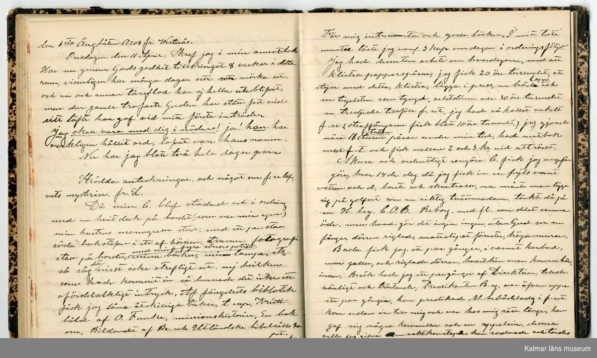 KLM 46431:2. Dagbok. Levnadsteckning. Del 2. Levnadsteckning skriven av garvaren Carl Gustaf Petersson. Nedteckningen började då familjen flyttade från Mönsterås till Eksjö 1884 och fortsatter fram till 1902. Berättelsen omfattar tiden från 1841 då han föddes i Köping, till 1902. Berättelse tar upp vardagliga händelser och bekymmer i en garvares tillvaro. Garveriyrket innebar för hans del att en stor del av tiden var han på resande fot till marknader mm. Han har under en längre tid ekonomiska bekymmer som ökar och blir ohållbart, vilket också leder till att han blir ställd inför rättslig prövning. Han blir dömd till fängelse i två månader för ekonomiska försummelser, fängelsetiden verkställs i Stockholm i fängelset på Långholmen. Även detta beskrivs mycket ingående i dagboken, han avtjänar sitt straff från onsdagen den 14 februari 1894 till lördagen den 14 april 1894.