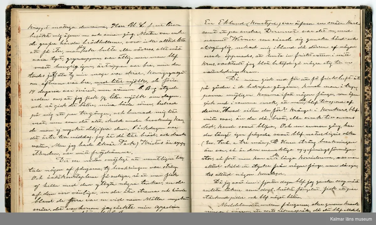KLM 46431:2. Dagbok. Levnadsteckning. Del 2. Levnadsteckning skriven av garvaren Carl Gustaf Petersson. Nedteckningen började då familjen flyttade från Mönsterås till Eksjö 1884 och fortsatter fram till 1902. Berättelsen omfattar tiden från 1841 då han föddes i Köping, till 1902. Berättelse tar upp vardagliga händelser och bekymmer i en garvares tillvaro. Garveriyrket innebar för hans del att en stor del av tiden var han på resande fot till marknader mm. Han har under en längre tid ekonomiska bekymmer som ökar och blir ohållbart, vilket också leder till att han blir ställd inför rättslig prövning. Han blir dömd till fängelse i två månader för ekonomiska försummelser, fängelsetiden verkställs i Stockholm i fängelset på Långholmen. Även detta beskrivs mycket ingående i dagboken, han avtjänar sitt straff från onsdagen den 14 februari 1894 till lördagen den 14 april 1894.