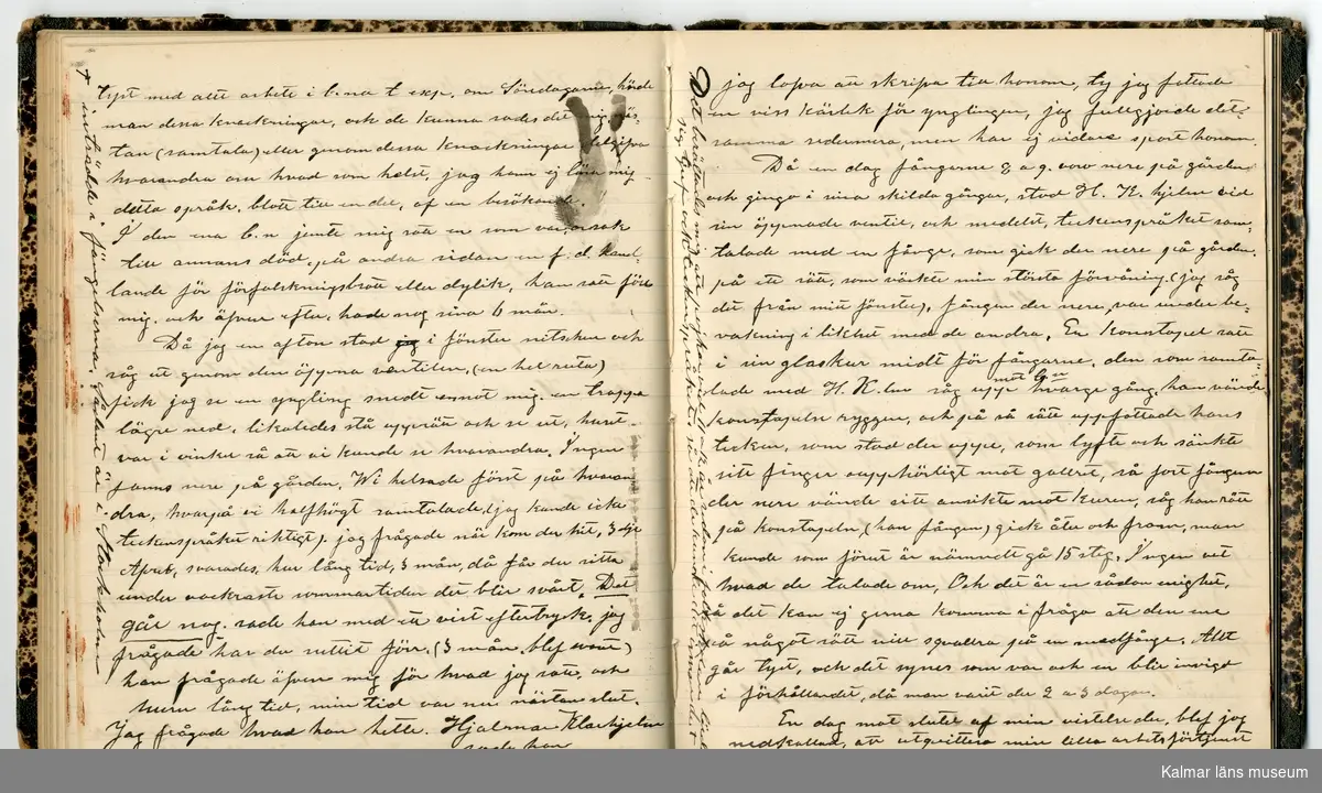 KLM 46431:2. Dagbok. Levnadsteckning. Del 2. Levnadsteckning skriven av garvaren Carl Gustaf Petersson. Nedteckningen började då familjen flyttade från Mönsterås till Eksjö 1884 och fortsatter fram till 1902. Berättelsen omfattar tiden från 1841 då han föddes i Köping, till 1902. Berättelse tar upp vardagliga händelser och bekymmer i en garvares tillvaro. Garveriyrket innebar för hans del att en stor del av tiden var han på resande fot till marknader mm. Han har under en längre tid ekonomiska bekymmer som ökar och blir ohållbart, vilket också leder till att han blir ställd inför rättslig prövning. Han blir dömd till fängelse i två månader för ekonomiska försummelser, fängelsetiden verkställs i Stockholm i fängelset på Långholmen. Även detta beskrivs mycket ingående i dagboken, han avtjänar sitt straff från onsdagen den 14 februari 1894 till lördagen den 14 april 1894.