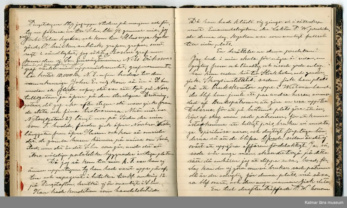 KLM 46431:2. Dagbok. Levnadsteckning. Del 2. Levnadsteckning skriven av garvaren Carl Gustaf Petersson. Nedteckningen började då familjen flyttade från Mönsterås till Eksjö 1884 och fortsatter fram till 1902. Berättelsen omfattar tiden från 1841 då han föddes i Köping, till 1902. Berättelse tar upp vardagliga händelser och bekymmer i en garvares tillvaro. Garveriyrket innebar för hans del att en stor del av tiden var han på resande fot till marknader mm. Han har under en längre tid ekonomiska bekymmer som ökar och blir ohållbart, vilket också leder till att han blir ställd inför rättslig prövning. Han blir dömd till fängelse i två månader för ekonomiska försummelser, fängelsetiden verkställs i Stockholm i fängelset på Långholmen. Även detta beskrivs mycket ingående i dagboken, han avtjänar sitt straff från onsdagen den 14 februari 1894 till lördagen den 14 april 1894.