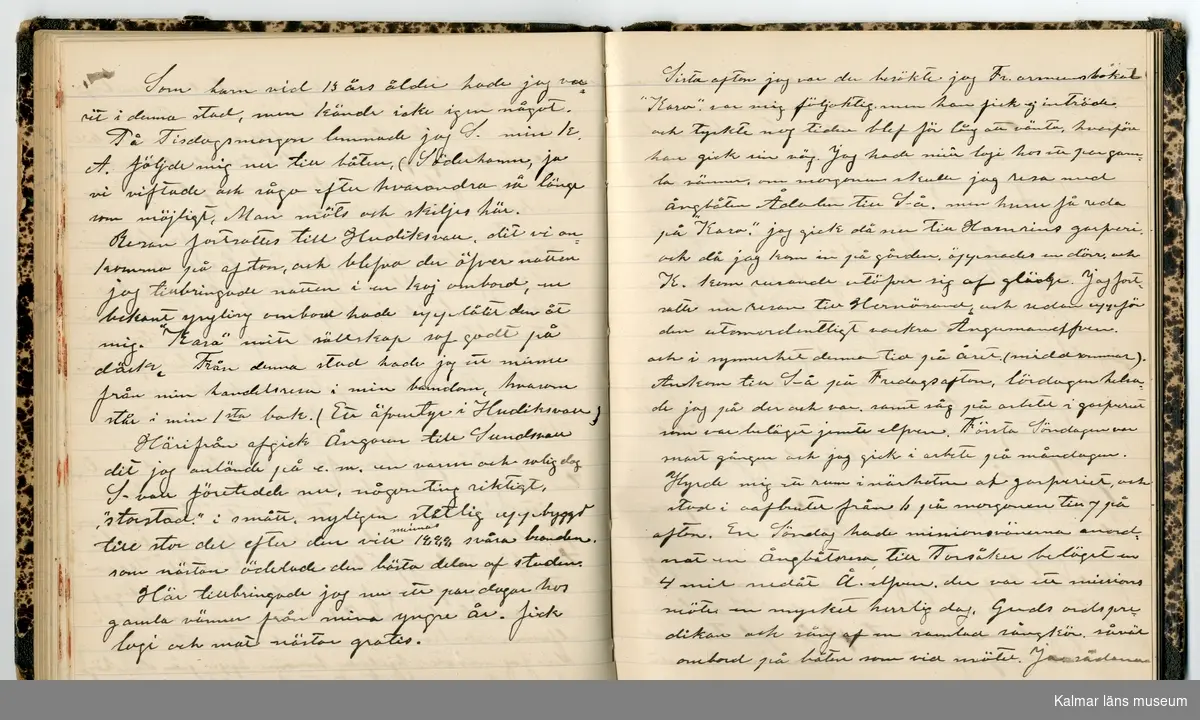 KLM 46431:2. Dagbok. Levnadsteckning. Del 2. Levnadsteckning skriven av garvaren Carl Gustaf Petersson. Nedteckningen började då familjen flyttade från Mönsterås till Eksjö 1884 och fortsatter fram till 1902. Berättelsen omfattar tiden från 1841 då han föddes i Köping, till 1902. Berättelse tar upp vardagliga händelser och bekymmer i en garvares tillvaro. Garveriyrket innebar för hans del att en stor del av tiden var han på resande fot till marknader mm. Han har under en längre tid ekonomiska bekymmer som ökar och blir ohållbart, vilket också leder till att han blir ställd inför rättslig prövning. Han blir dömd till fängelse i två månader för ekonomiska försummelser, fängelsetiden verkställs i Stockholm i fängelset på Långholmen. Även detta beskrivs mycket ingående i dagboken, han avtjänar sitt straff från onsdagen den 14 februari 1894 till lördagen den 14 april 1894.