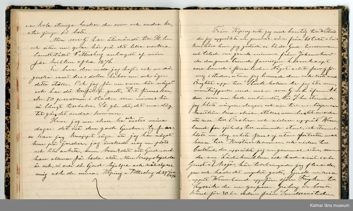 KLM 46431:2. Dagbok. Levnadsteckning. Del 2. Levnadsteckning skriven av garvaren Carl Gustaf Petersson. Nedteckningen började då familjen flyttade från Mönsterås till Eksjö 1884 och fortsatter fram till 1902. Berättelsen omfattar tiden från 1841 då han föddes i Köping, till 1902. Berättelse tar upp vardagliga händelser och bekymmer i en garvares tillvaro. Garveriyrket innebar för hans del att en stor del av tiden var han på resande fot till marknader mm. Han har under en längre tid ekonomiska bekymmer som ökar och blir ohållbart, vilket också leder till att han blir ställd inför rättslig prövning. Han blir dömd till fängelse i två månader för ekonomiska försummelser, fängelsetiden verkställs i Stockholm i fängelset på Långholmen. Även detta beskrivs mycket ingående i dagboken, han avtjänar sitt straff från onsdagen den 14 februari 1894 till lördagen den 14 april 1894.
