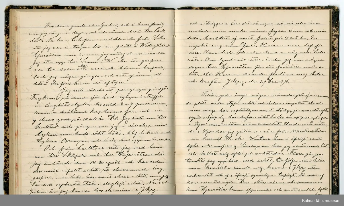 KLM 46431:2. Dagbok. Levnadsteckning. Del 2. Levnadsteckning skriven av garvaren Carl Gustaf Petersson. Nedteckningen började då familjen flyttade från Mönsterås till Eksjö 1884 och fortsatter fram till 1902. Berättelsen omfattar tiden från 1841 då han föddes i Köping, till 1902. Berättelse tar upp vardagliga händelser och bekymmer i en garvares tillvaro. Garveriyrket innebar för hans del att en stor del av tiden var han på resande fot till marknader mm. Han har under en längre tid ekonomiska bekymmer som ökar och blir ohållbart, vilket också leder till att han blir ställd inför rättslig prövning. Han blir dömd till fängelse i två månader för ekonomiska försummelser, fängelsetiden verkställs i Stockholm i fängelset på Långholmen. Även detta beskrivs mycket ingående i dagboken, han avtjänar sitt straff från onsdagen den 14 februari 1894 till lördagen den 14 april 1894.