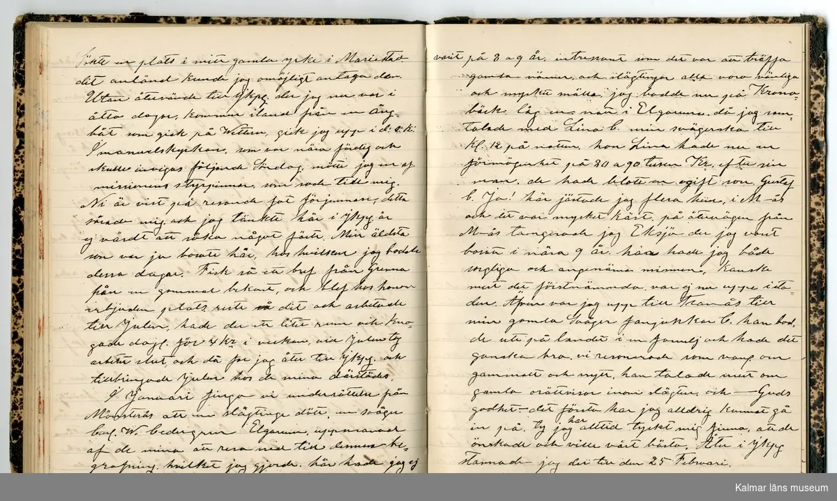 KLM 46431:2. Dagbok. Levnadsteckning. Del 2. Levnadsteckning skriven av garvaren Carl Gustaf Petersson. Nedteckningen började då familjen flyttade från Mönsterås till Eksjö 1884 och fortsatter fram till 1902. Berättelsen omfattar tiden från 1841 då han föddes i Köping, till 1902. Berättelse tar upp vardagliga händelser och bekymmer i en garvares tillvaro. Garveriyrket innebar för hans del att en stor del av tiden var han på resande fot till marknader mm. Han har under en längre tid ekonomiska bekymmer som ökar och blir ohållbart, vilket också leder till att han blir ställd inför rättslig prövning. Han blir dömd till fängelse i två månader för ekonomiska försummelser, fängelsetiden verkställs i Stockholm i fängelset på Långholmen. Även detta beskrivs mycket ingående i dagboken, han avtjänar sitt straff från onsdagen den 14 februari 1894 till lördagen den 14 april 1894.