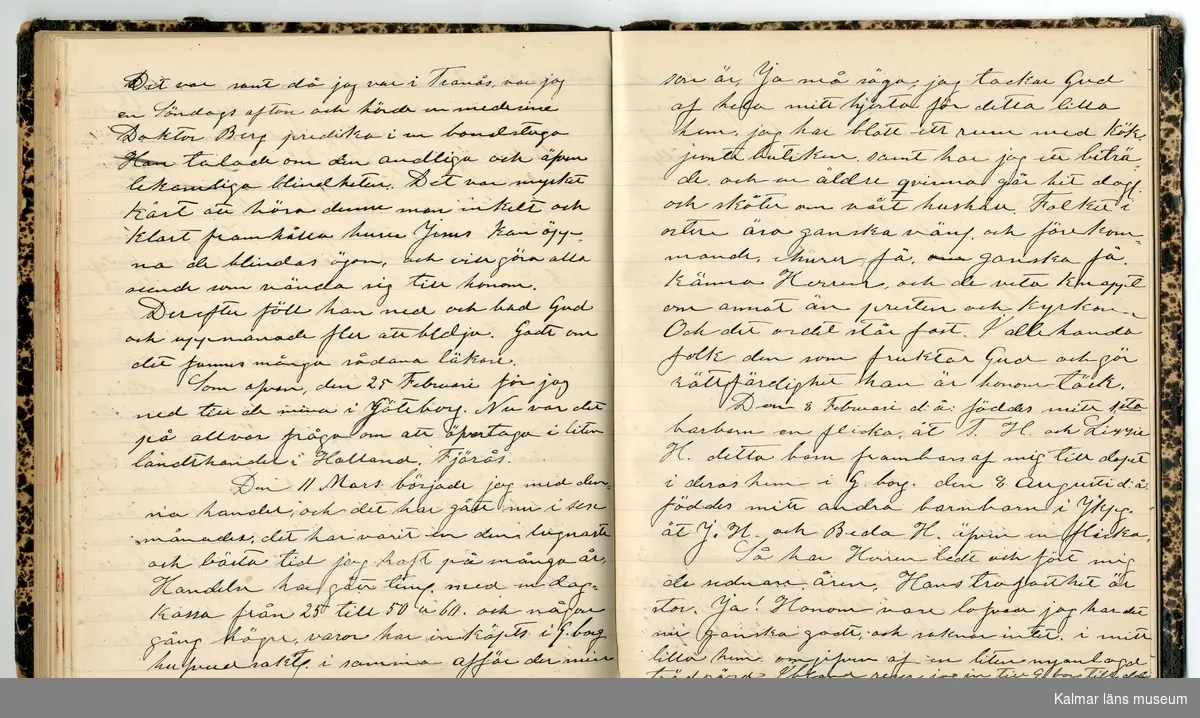 KLM 46431:2. Dagbok. Levnadsteckning. Del 2. Levnadsteckning skriven av garvaren Carl Gustaf Petersson. Nedteckningen började då familjen flyttade från Mönsterås till Eksjö 1884 och fortsatter fram till 1902. Berättelsen omfattar tiden från 1841 då han föddes i Köping, till 1902. Berättelse tar upp vardagliga händelser och bekymmer i en garvares tillvaro. Garveriyrket innebar för hans del att en stor del av tiden var han på resande fot till marknader mm. Han har under en längre tid ekonomiska bekymmer som ökar och blir ohållbart, vilket också leder till att han blir ställd inför rättslig prövning. Han blir dömd till fängelse i två månader för ekonomiska försummelser, fängelsetiden verkställs i Stockholm i fängelset på Långholmen. Även detta beskrivs mycket ingående i dagboken, han avtjänar sitt straff från onsdagen den 14 februari 1894 till lördagen den 14 april 1894.