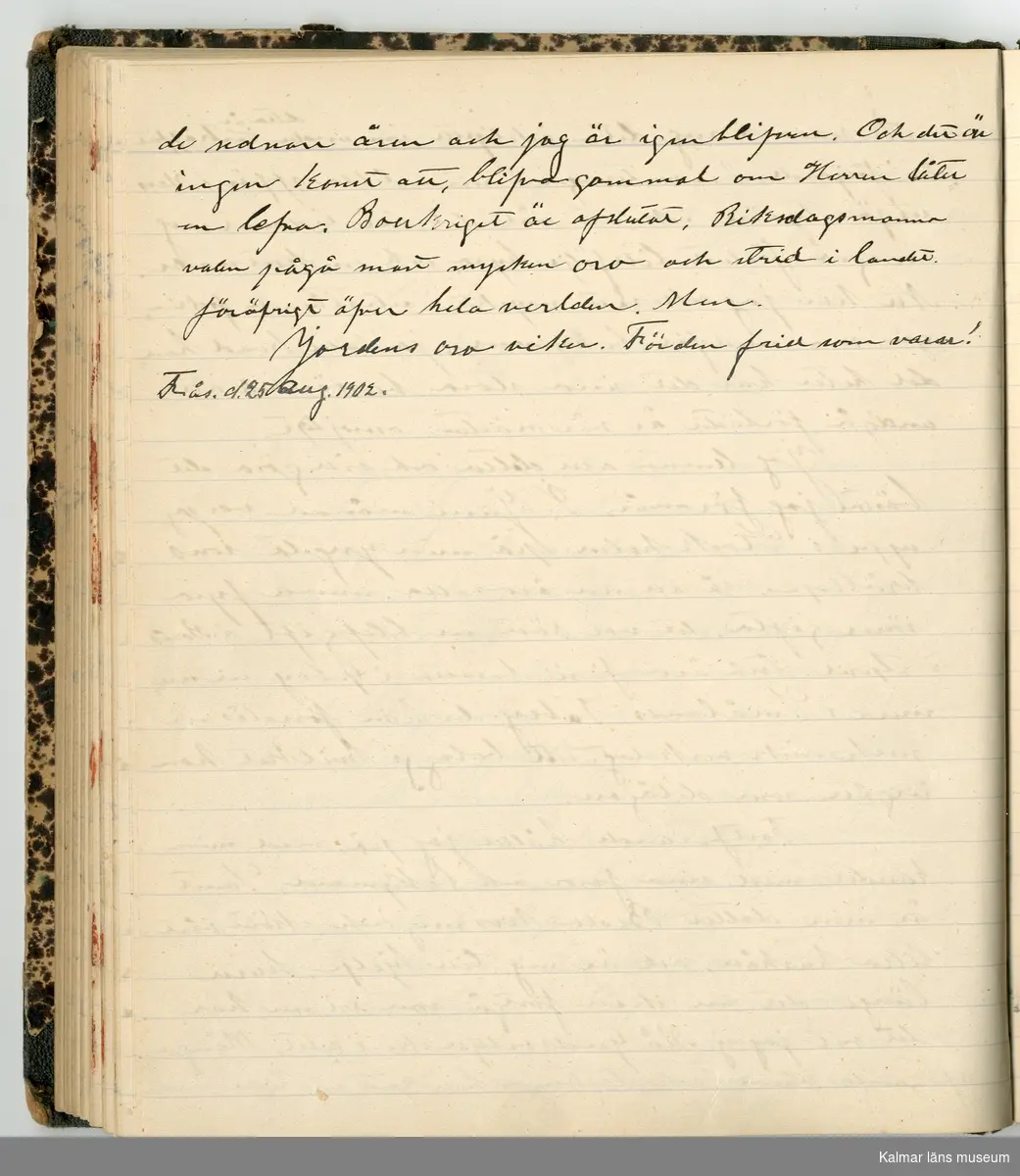 KLM 46431:2. Dagbok. Levnadsteckning. Del 2. Levnadsteckning skriven av garvaren Carl Gustaf Petersson. Nedteckningen började då familjen flyttade från Mönsterås till Eksjö 1884 och fortsatter fram till 1902. Berättelsen omfattar tiden från 1841 då han föddes i Köping, till 1902. Berättelse tar upp vardagliga händelser och bekymmer i en garvares tillvaro. Garveriyrket innebar för hans del att en stor del av tiden var han på resande fot till marknader mm. Han har under en längre tid ekonomiska bekymmer som ökar och blir ohållbart, vilket också leder till att han blir ställd inför rättslig prövning. Han blir dömd till fängelse i två månader för ekonomiska försummelser, fängelsetiden verkställs i Stockholm i fängelset på Långholmen. Även detta beskrivs mycket ingående i dagboken, han avtjänar sitt straff från onsdagen den 14 februari 1894 till lördagen den 14 april 1894.