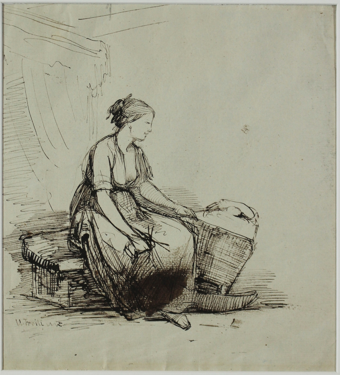 Ung kvinna vid vaggan [Teckning]