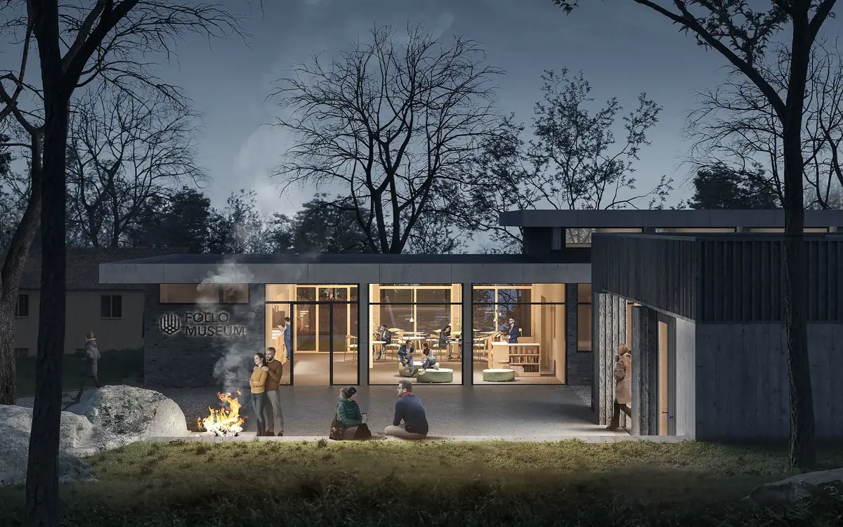 Tegning av langstrakt hus i kveldsmørket. Det lyser fra vinduene.