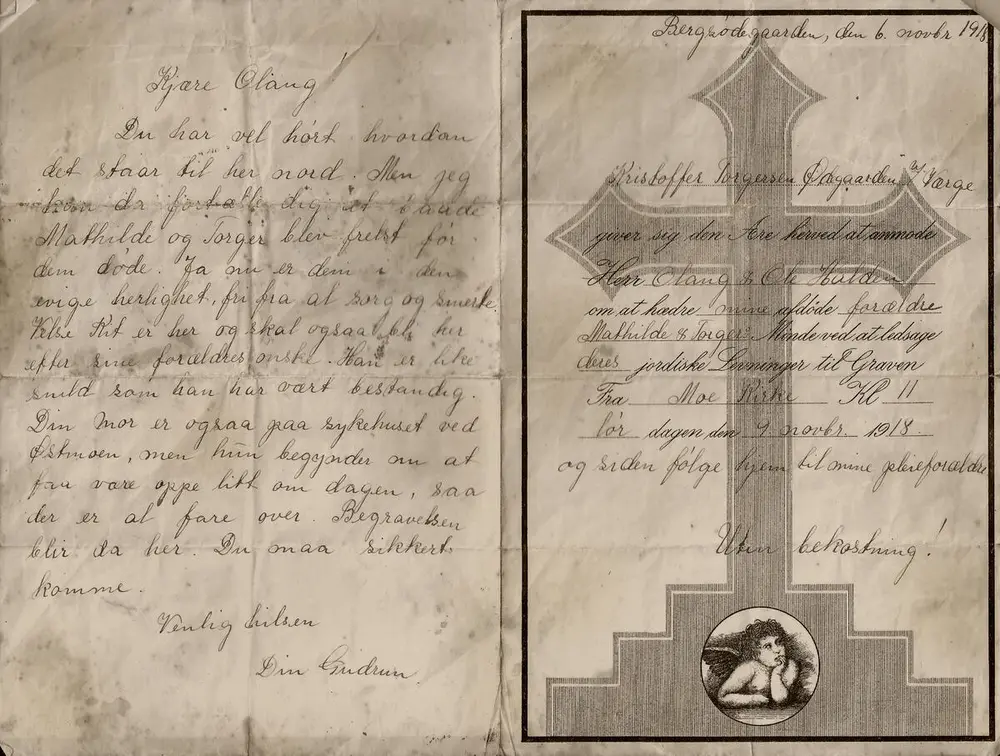 Personlig invitasjon til begravelse under spanskesyken