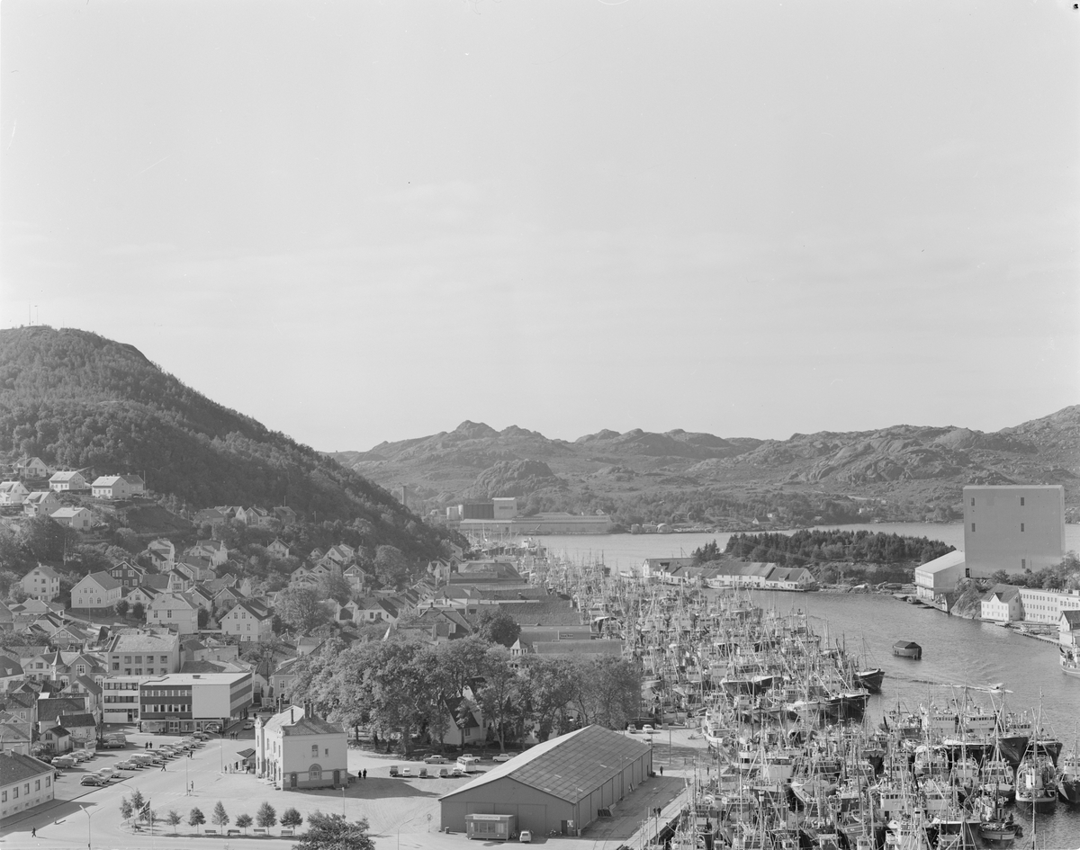 Utsikt fra Kråkefjell utover Vågen i Egersund med havna og byen på venstre side, og havna fylt opp av fiskebåter. Havnelageret og den gamle togstasjonen i forgrunnen.