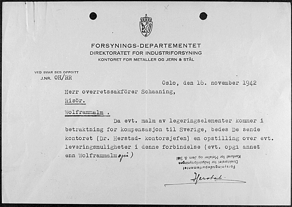 Saksdokumenter og korrespondanser mellom gårdseieren Johannes Mydland, Det norske Bergselskap, høyesterett og justisdepartementet om salg av wolframmalm og gruver i Ørsdalen i Bjerkreim under andre verdenskrig.