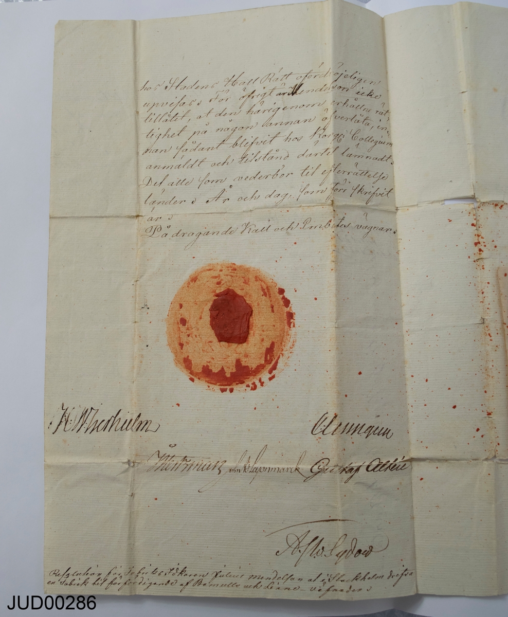 Handskrifter, officiella skrivelser. Svenska, hebreiska. 1 tygpåse. Allt förvarat i enskilda mappar liggandes i en arkivlåda.