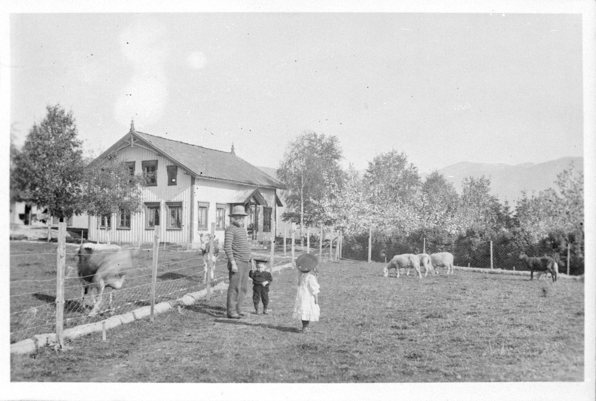 Garden Bergene med bygningar, folk, kyr og sauer