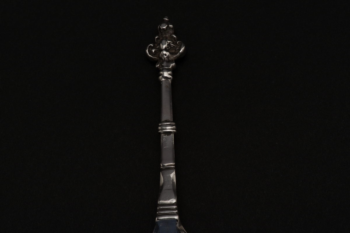 Supsked av silver med runt blad och profilerat skaft.
Skaftet avslutas med en dubbel kerubknopp, med ett stiliserat kerubansikte. Bladet är graverat med bladornament.
Stämplarna visar att skeden är tillverkad av Henrik Reimers, Norrköping.