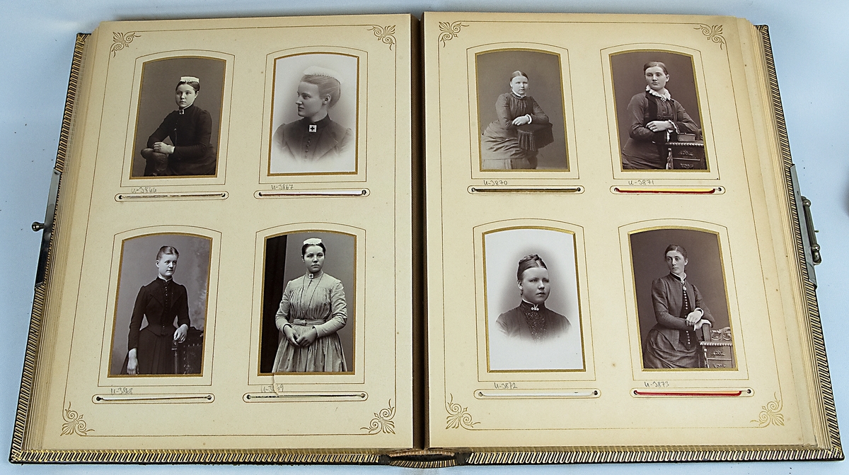 Fotoalbum, brunt skinn. Dekor; spegel inramad av reliefartad bård i rutsystem med blad bemålad med guld och mörk färg. På baksidan smal bård och spegeln fylld med slingrande ornamentik. I hörnen nubbar.