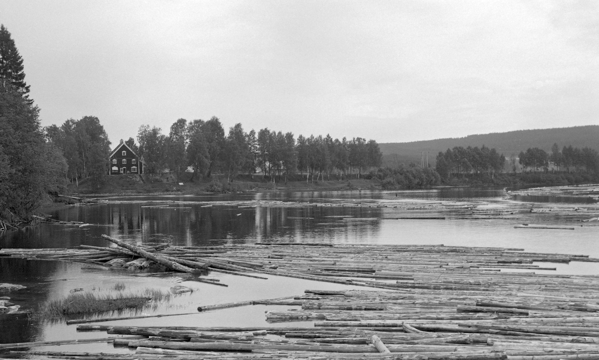 Løstflytende fløtingstømmer på en stilleflytende del av Glomma. Fotografiet er tatt fra Skarnes bru i Sør-Odal våren 1963. Her kommer elva sørøstfra og gjør en sving før den (bak fotografen) fortsetter sørvestover. I den nevnte elvesvingen renner Oppstadåa, med vann og tømmer fra Odalsbygdene inn fra nord (til venstre på dette bildet. I Opstadåa var fallet så lite at når det var flom i Glomma så snudde strømmen og vannet begynte å strømme nordover, mot Storsjøen. På dette fotografiet kan vi se hvordan fløterne hadde lagt ei ledelense i elvesvingen for å hindre at tømmeret som kom flytende på Glomma skulle drive oppover i Oppstadåa.