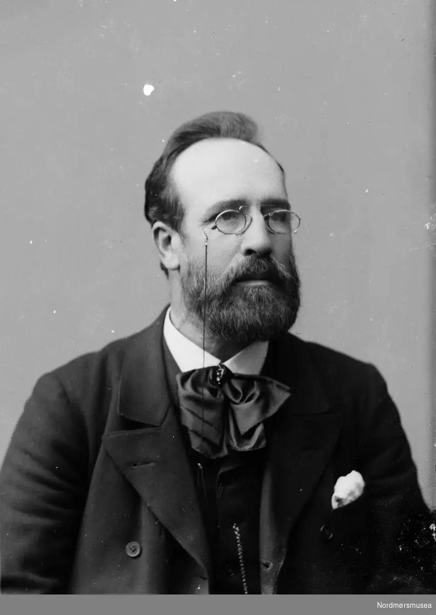 Portrett, halvfigur av mann med skjegg og briller.