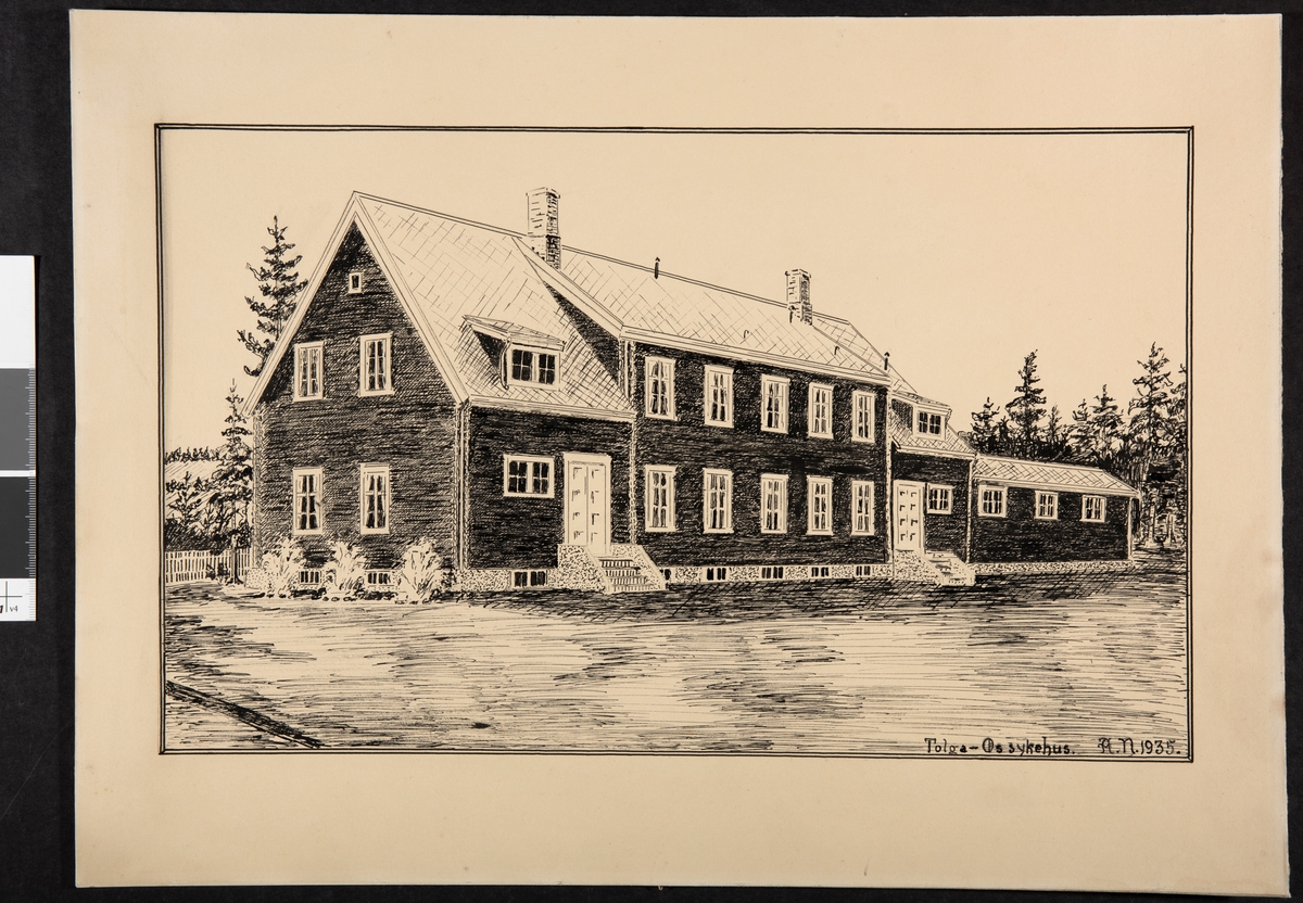 Tusjtegning av Os sykehus. Signert A.N.1935.
