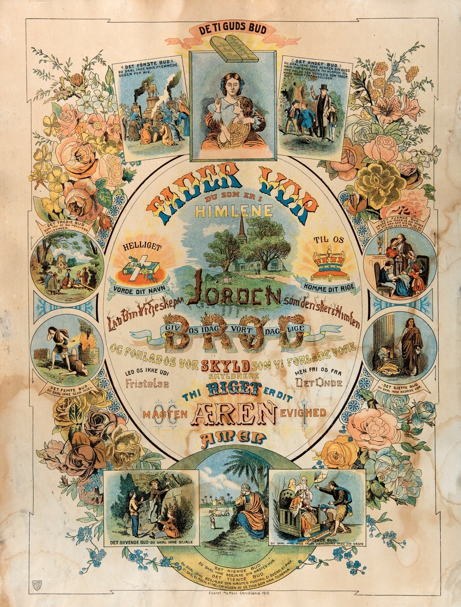 Plakat med de ti bud illustrert.