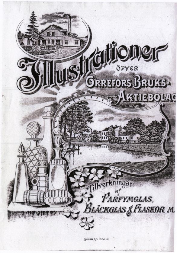 Priskurant "Illustrationer öfver Orrefors Bruks-Aktiebolag Tillverkningar af Parfymglas, Bläckglas & Flaskor m.m." Orrefors glasbruk 1908
Nedladdningsbar under "Länkade filer".