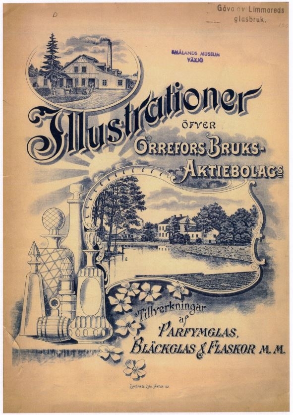 Priskurant "Illustrationer öfver Orrefors Bruks-Aktiebolag Tillverkningar af Parfymglas, Bläckglas & Flaskor m.m." Orrefors glasbruk 1908-10
Nedladdningsbar under "Länkade filer".