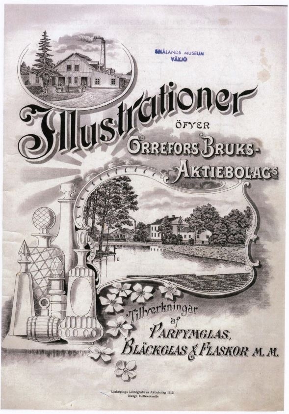 Priskurant Orrefors glasbruk 1913 "Illustrationer öfver Orrefors Bruks-Aktiebolag Tillverkningar af Parfymglas, Bläckglas & Flaskor m.m." 
Nedladdningsbar under "Länkade filer".