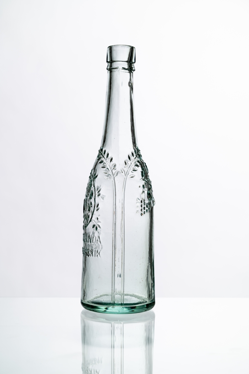 Flaska av ofärgat, klart glas, dekorerad i relief med bladslingor, bär och bild av ett krönt lejon. Märkning i relief på bröstet: "A.B. HVETLANDA MARMELADFABRIK". Tillslutning saknas. Hantverksmässigt tillverkad vid Sunds glasbruk, Jönköpings län. Se vidare Historik.