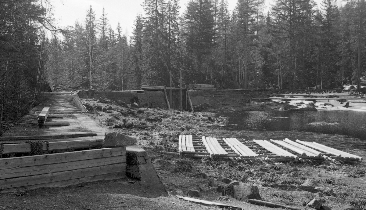 Båntjennsdammen - i eldre dokumenter kalt Bunntjernsdammen - i Malungsvassdraget i Romedal allmenning i Hedmark. Dammen ligger, som navnet antyder, ved utløpet av Båntjennet, Derfra renner det ei cirka 1 kilometer lang elv ned i Malungstjennet. Dette fotografiet er tatt fra damsida på et tidspunkt da dammen sto åpen. Følgelig var det minimalt med vann i det som i fløtingssesongen skulle være et stort reservoar med så mye vann at det kunne bære tømmeret gjennom det kuperte elveløpet nedenfor. Dette var en såkalt lukedam. Det vil si at damløpet ble lukket og åpnet ved å senke eller heve tre luker - trelemmer - langs vertikaltstilte bjelker i damåpningen. Når dammen, som da dette fotografiet ble tatt, sto åpen, la lukene på dambrua. Trekonstruksjonene i strandsona i forgrunnen var flåteganger som, når dammen ble fylt, ble lenket sammen slik at de kunne tjene som arbeidsplattformer for damfløterne og som lenser som ledet tømmeret mot damåpningen.