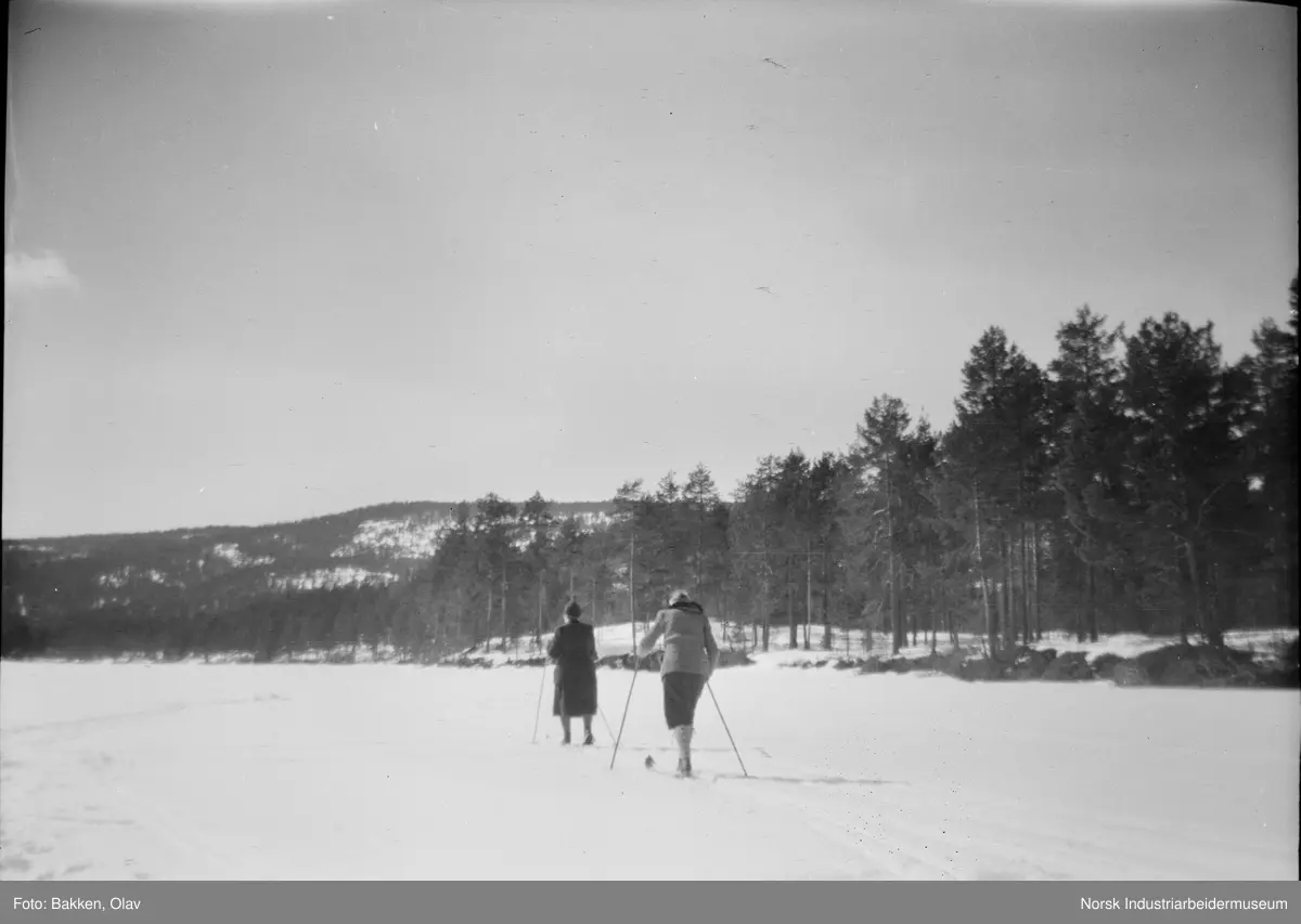 To kvinner på ski over islagt vann. Skog på siden.