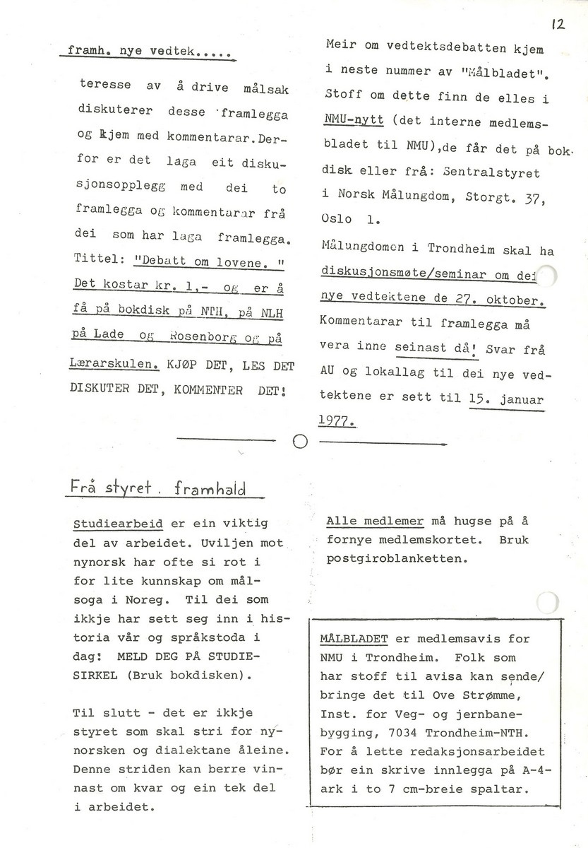 Utgåve av Målbladet på 12 A5-sider frå september 1976. Målbladet var medlemsavisa til Norsk Målungdom i Trondheim.