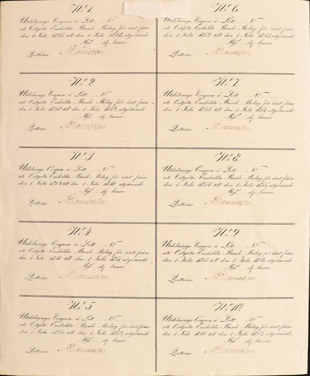 Aktiebrev från 1847 för aktier i Öst Göta Bank. Pappret är i form av ett fyrsidigt "häfte", fram- och baksida samt mittuppslag. På framsidan är själva aktiebrevet och signaturer från nio personer. Detta aktiebrev är inte ifyllt med en aktieägare. Mittuppslaget är till för förteckning av inbetalningar och baksidan är kuponger för utdelning av vinst.
Tillstånd vid förvärv: Vikmärke horisontellt i mitten av brevet, klisterlapp högst upp på baksidan efter att pappret varit uppklistrad på en tavla.