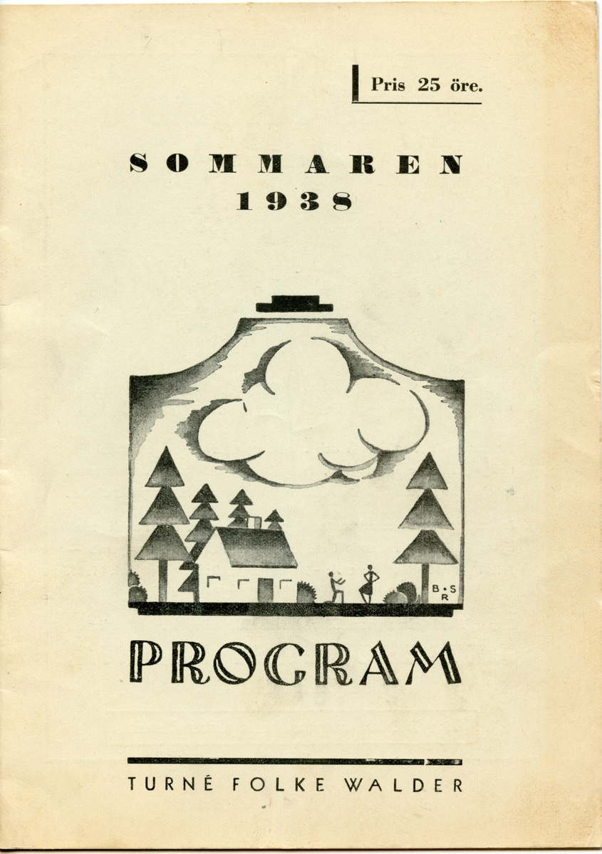 Program för sommaren 1938 för teaterturné med Folke Walder. Svartvitt tryck med tecknad bild av ett hus, några träd och två människosiluetter. Häftat. Inlaga 16 sidor som innehåller information om föreställningen, anekdoter om att vara ett resande teatersällskap samt annonser.

Tillstånd vid förvärv: Lite vikta hörn, men annars i gott skick.
