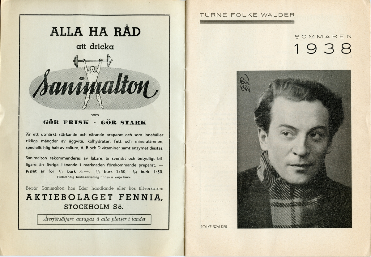 Program för sommaren 1938 för teaterturné med Folke Walder. Svartvitt tryck med tecknad bild av ett hus, några träd och två människosiluetter. Häftat. Inlaga 16 sidor som innehåller information om föreställningen, anekdoter om att vara ett resande teatersällskap samt annonser.

Tillstånd vid förvärv: Lite vikta hörn, men annars i gott skick.