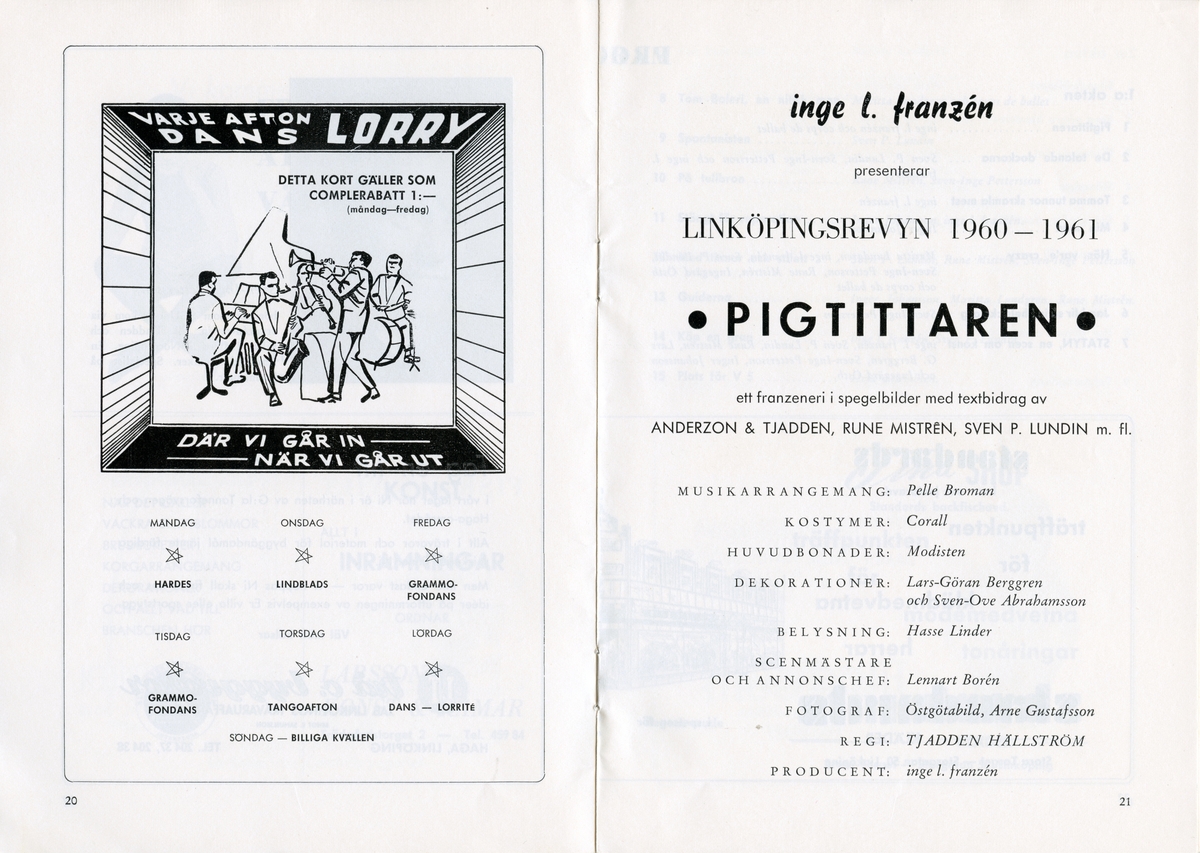 Program för "Pigtittaren" av Inge L. Franzén 1960. Framsidan är ljust gul med ett foto av en pigtittare där spegeldelen är utskuren så man ser ett foto på nästa sida av en man i frack och hög hatt. Text i rött och svart. Häftat. Inlaga på 44 sidor som innehåller information om föreställningen och annonser.
Tillstånd vid förvärv: Gott skick.