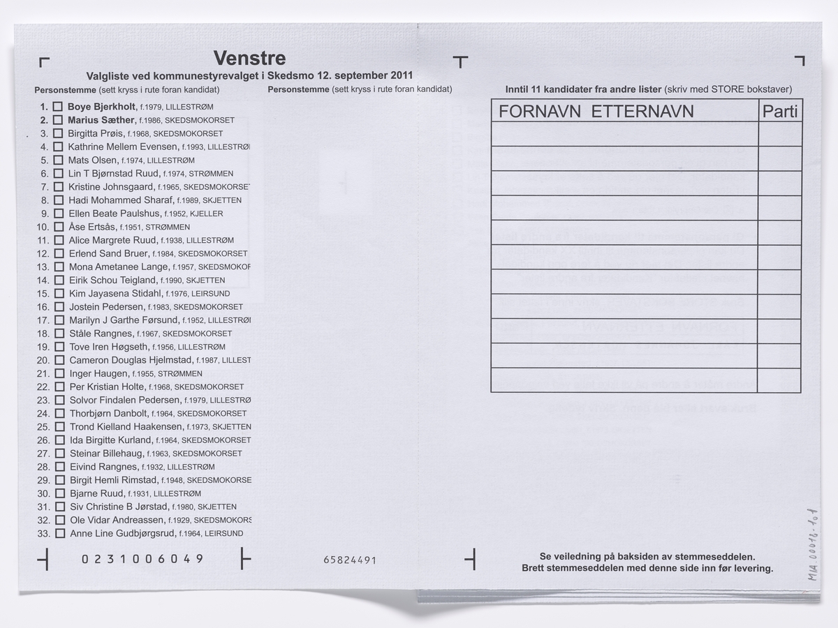 Stemmeseddel med kandidatene til partiet Venstre ved kommunestyrevalget i Skedsmo 2011.

Gjenstandene er samlet inn i forbindelse med et dokumentasjonsprosjekt om Fylkes- og kommunevalget i 2011. Fotodokumentasjonen fra prosjektet finnes i en av Akershusbasens mapper: Valgkamp på museum 2011. Alle fotoregistreringsnumre begynner med P9109-