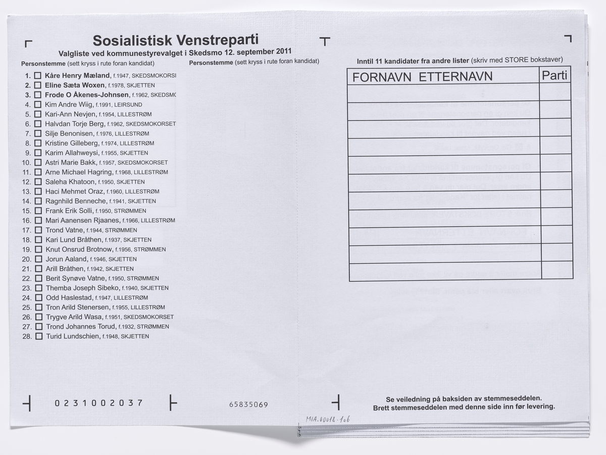 Stemmeseddel med kandidater ved kommunestyrevalget i Skedsmo 2011.

Gjenstandene er samlet inn i forbindelse med et dokumentasjonsprosjekt om Fylkes- og kommunevalget i 2011. Fotodokumentasjonen fra prosjektet finnes i en av Akershusbasens mapper: Valgkamp på museum 2011. Alle fotoregistreringsnumre begynner med P9109-