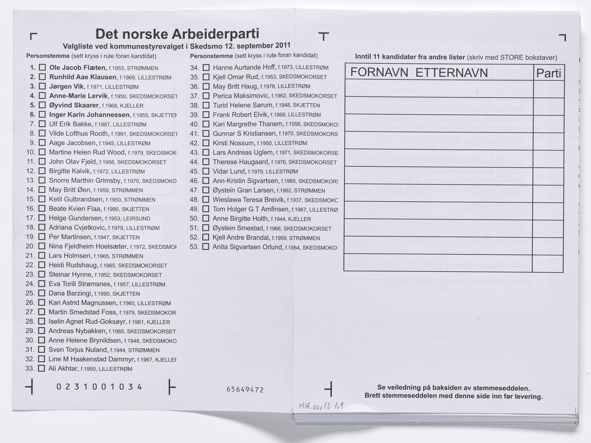 Stemmeseddel med kandidater for Arbeiderpartiet ved kommunestyrevalget i Skedsmo 2011.

Gjenstandene er samlet inn i forbindelse med et dokumentasjonsprosjekt om Fylkes- og kommunevalget i 2011. Fotodokumentasjonen fra prosjektet finnes i en av Akershusbasens mapper: Valgkamp på museum 2011. Alle fotoregistreringsnumre begynner med P9109-