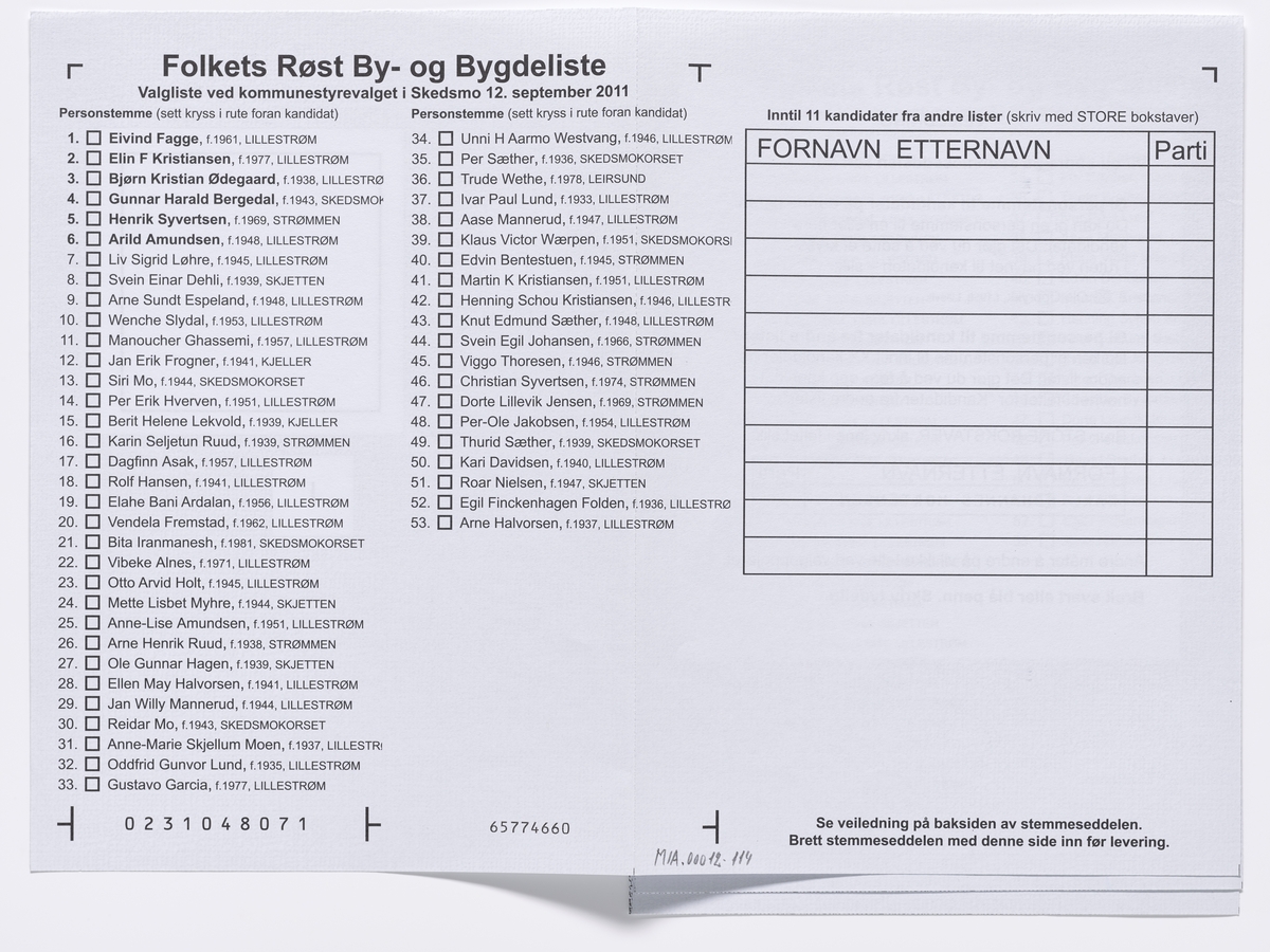 Stemmeseddel med kandidater for partiet Folkets Røst ved kommunestyrevalget i Skedsmo 2011.

Gjenstandene er samlet inn i forbindelse med et dokumentasjonsprosjekt om Fylkes- og kommunevalget i 2011. Fotodokumentasjonen fra prosjektet finnes i en av Akershusbasens mapper: Valgkamp på museum 2011. Alle fotoregistreringsnumre begynner med P9109-