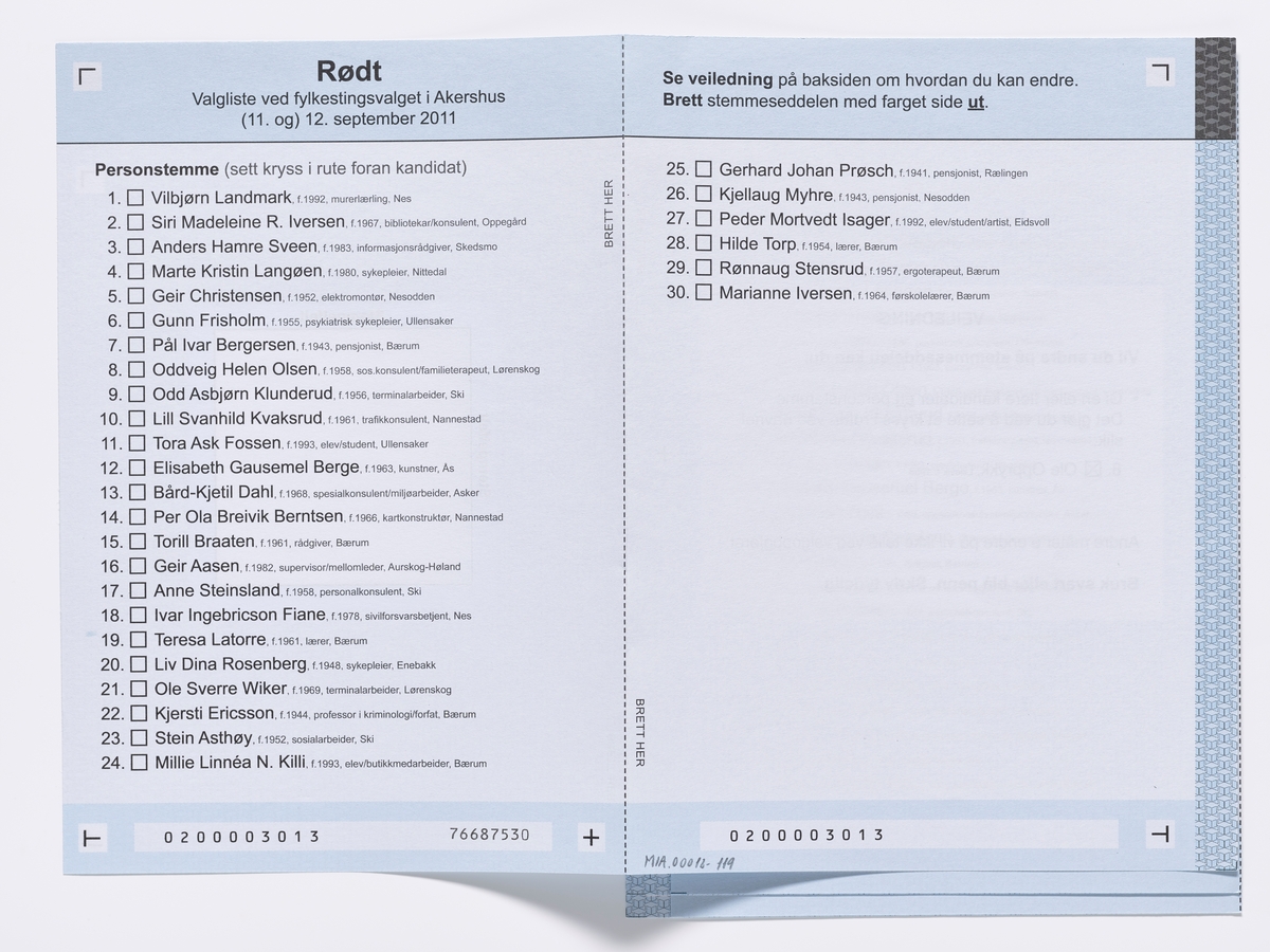 Stemmeseddel med kandidter for partiet Rødt ved fylkestingsvalget i 2011.

Gjenstandene er samlet inn i forbindelse med et dokumentasjonsprosjekt om Fylkes- og kommunevalget i 2011. Fotodokumentasjonen fra prosjektet finnes i en av Akershusbasens mapper: Valgkamp på museum 2011. Alle fotoregistreringsnumre begynner med P9109-