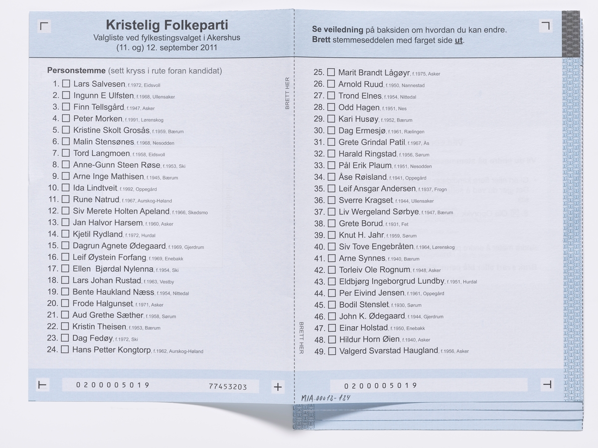 Stemmeseddel med kandidater for Kristielig Folkeparti til fylkestingsvalget i Akershus 2011.

Gjenstandene er samlet inn i forbindelse med et dokumentasjonsprosjekt om Fylkes- og kommunevalget i 2011. Fotodokumentasjonen fra prosjektet finnes i en av Akershusbasens mapper: Valgkamp på museum 2011. Alle fotoregistreringsnumre begynner med P9109-