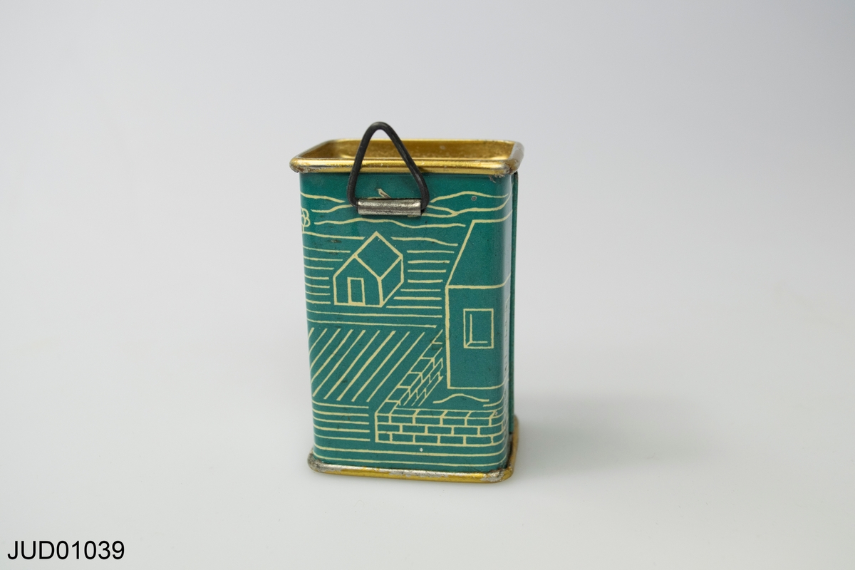 Liten blå bössa. På ena sidan hand som stoppar mynt i en bössa, andra sidan hus och åkermark.